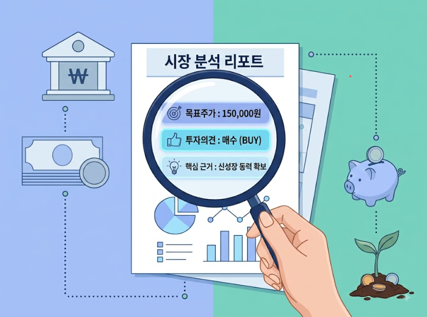 돋보기로 증권사 리포트 문서를 살펴보는 모습의 일러스트