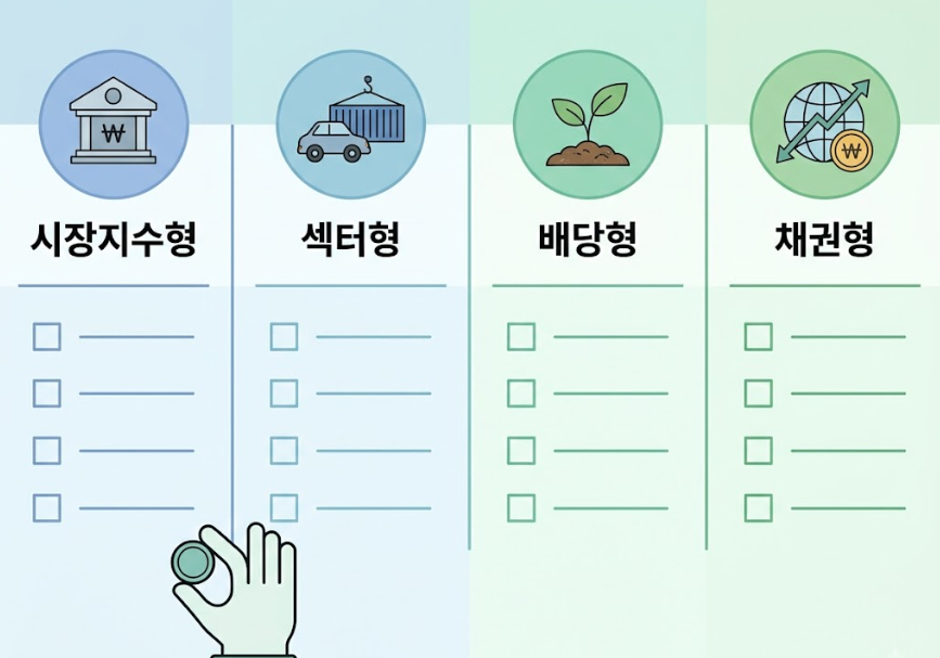 시장지수형, 섹터형, 배당형, 채권형 ETF의 특징을 비교하는 인포그래픽