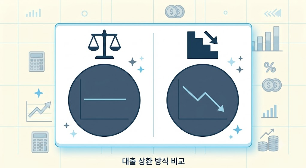 원리금균등상환 원금균등상환 월상환금 변화 그래프 이미지