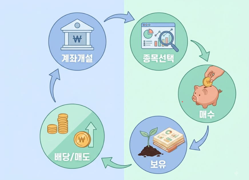 주식 계좌 개설부터 매매까지의 단계를 보여주는 인포그래픽